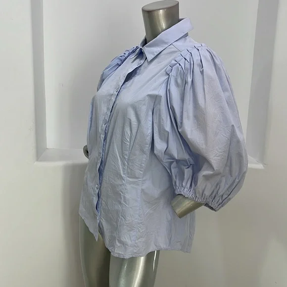Karen Millen Quarter Balloon Sleeves Blue Button Up Shirt Top K4 - Picture 3 of 13